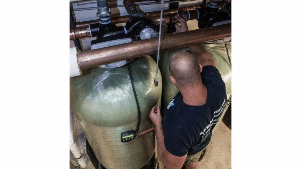 Technician on Ladder with Tanks