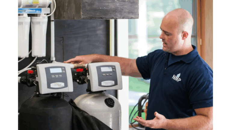 Service technician showing off a water filtration system